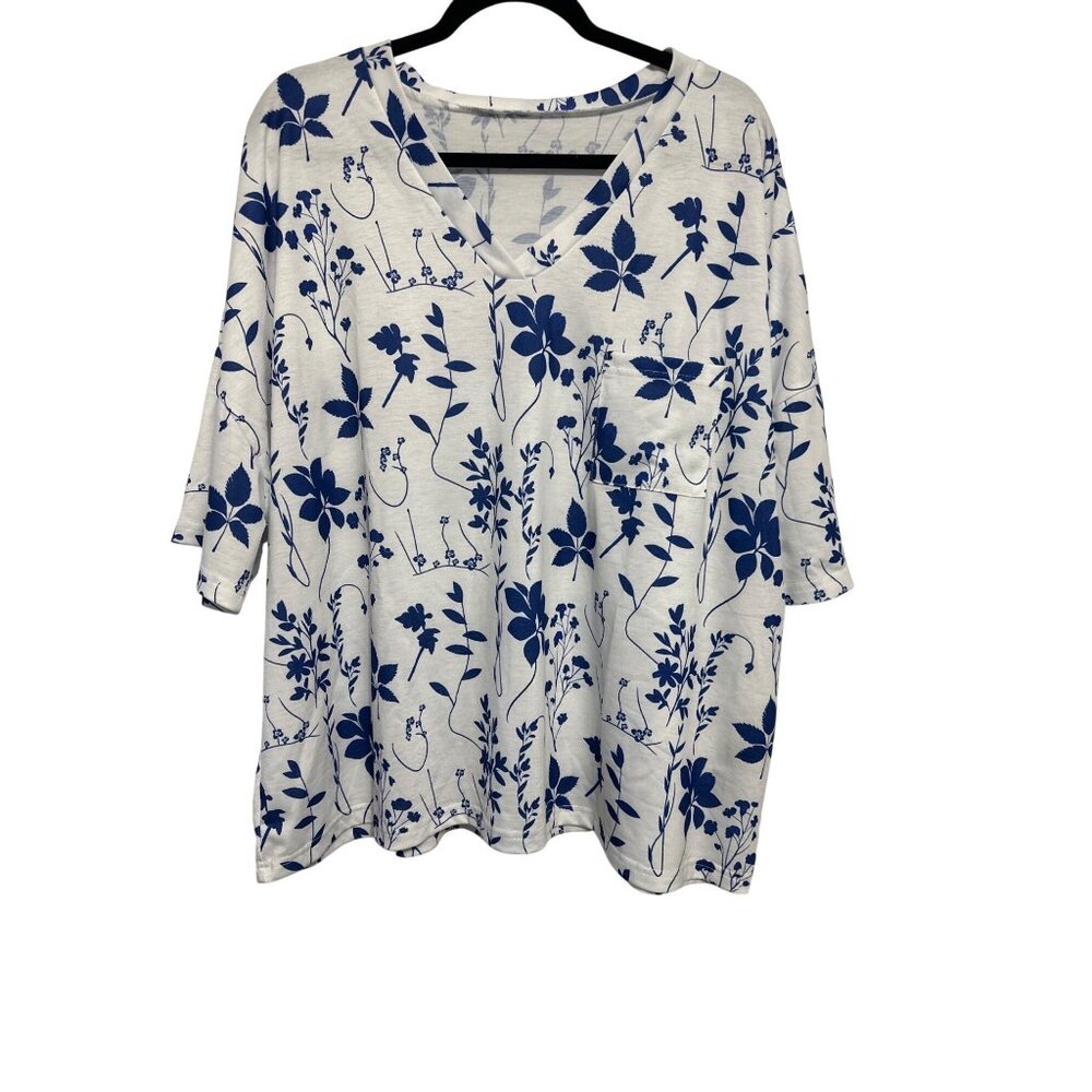 Emery Rose Womens Floral Print White & Blue V-Neck Pocketed Top 3XL - Picture 1 of 8